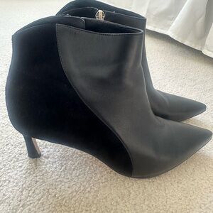 Black Two-Texture Pointed Kitten Heel Ankle Booties